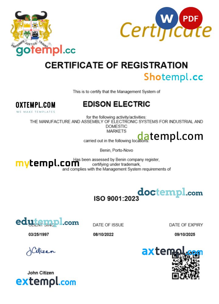 Benin business registration certificate Word and PDF template