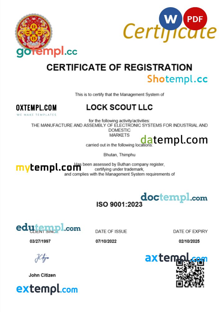 Bhutan business registration certificate Word and PDF template