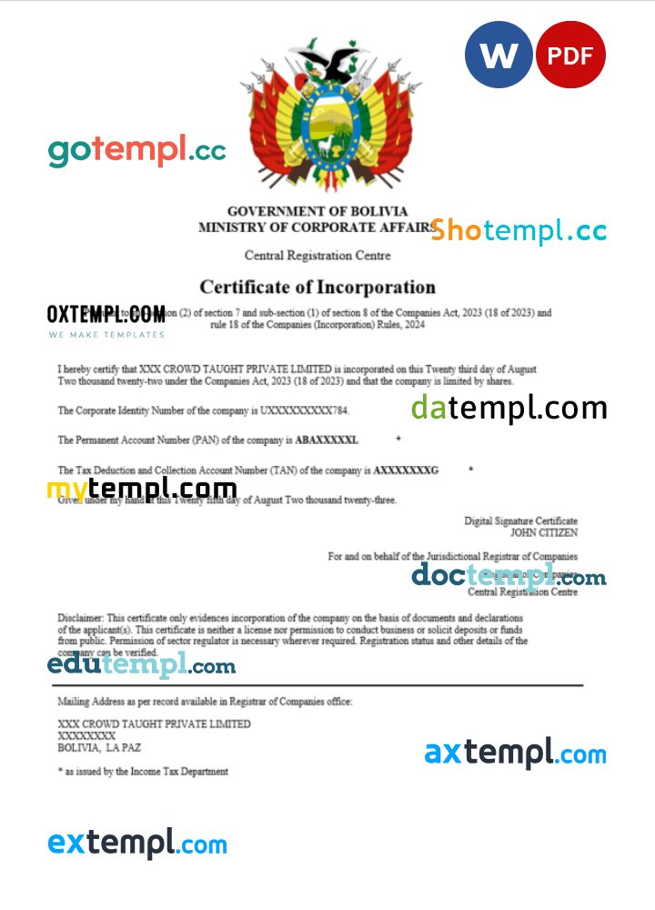 Bolivia business registration certificate Word and PDF template
