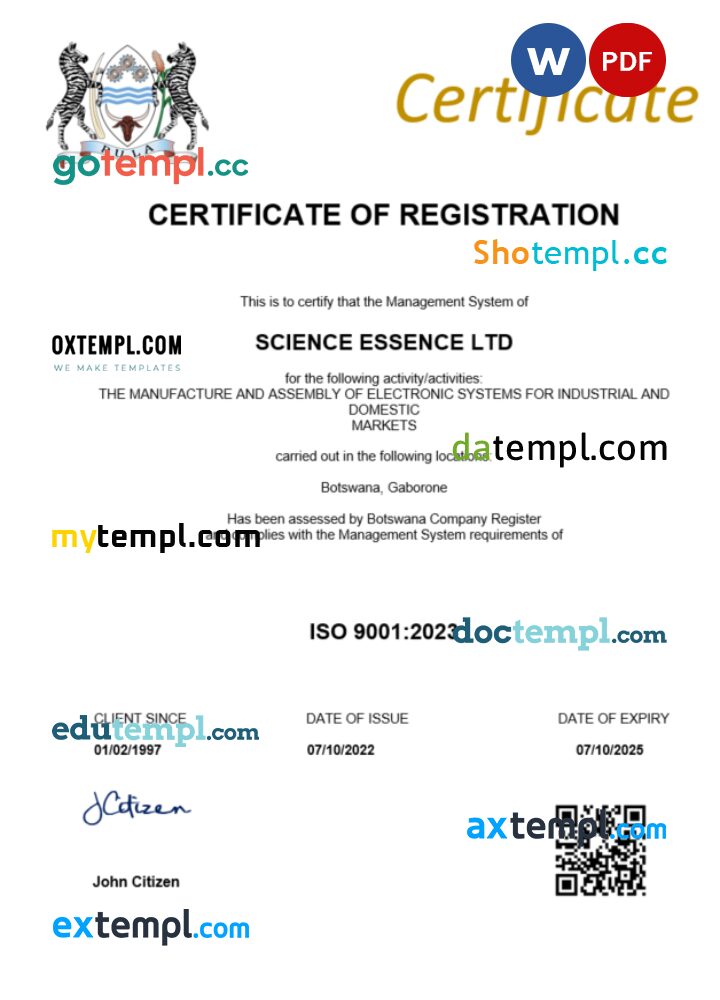 Botswana business registration certificate Word and PDF template