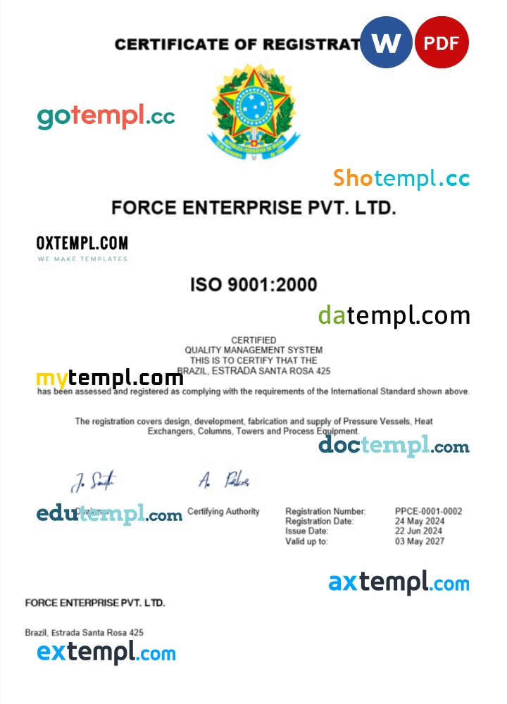 Brazil business registration certificate Word and PDF template