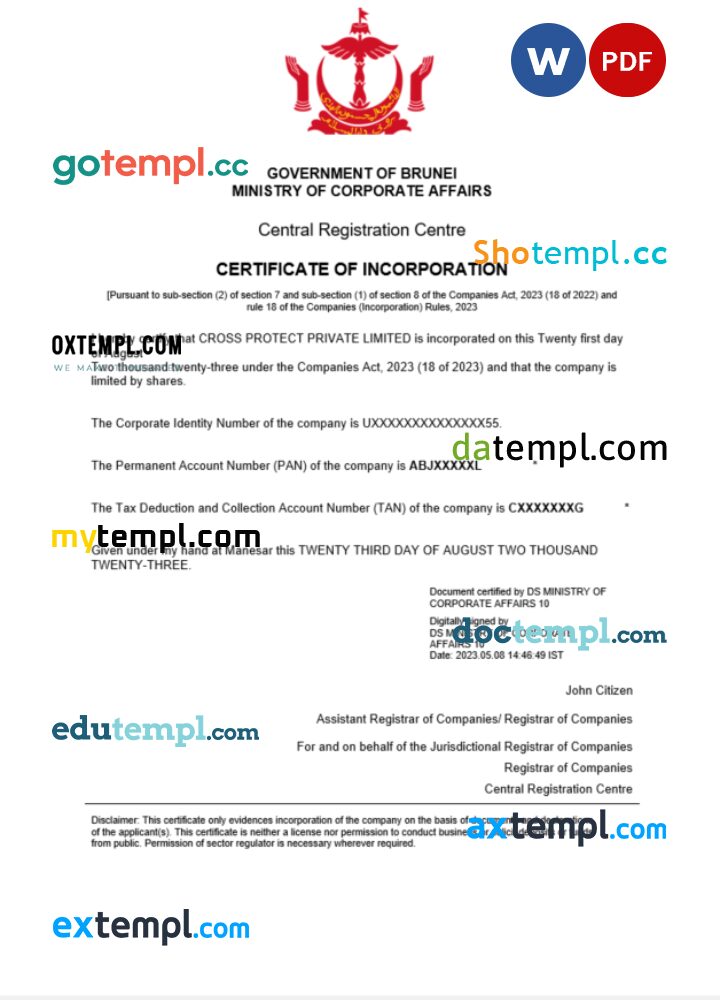 Brunei business registration certificate Word and PDF template