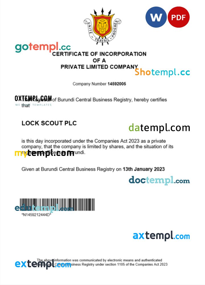 Burundi business registration certificate Word and PDF template