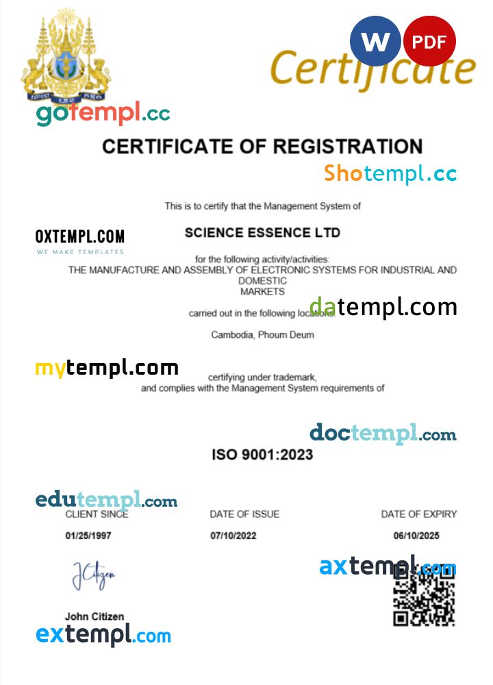 Cambodia certificate of registration Word and PDF template