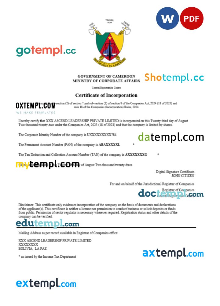 Cameroon business registration certificate Word and PDF template