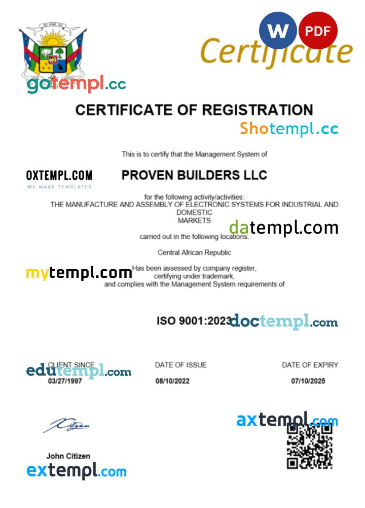 Central African Republic business registration certificate Word and PDF template