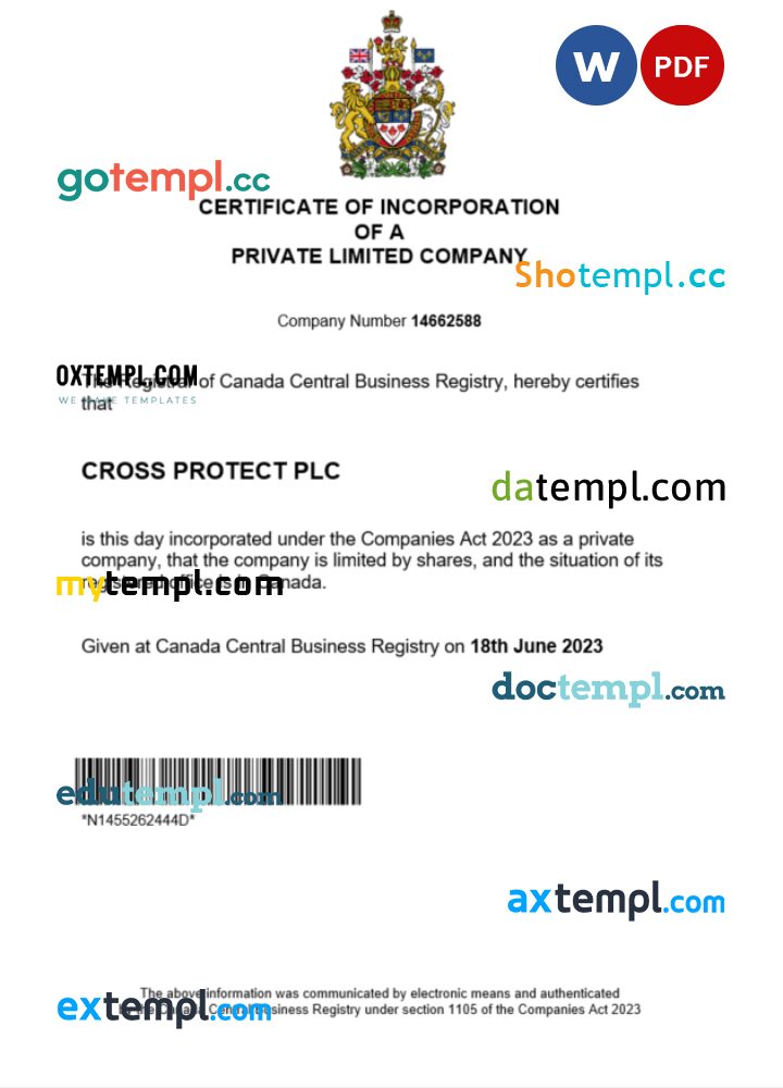 Canada business registration certificate Word and PDF template