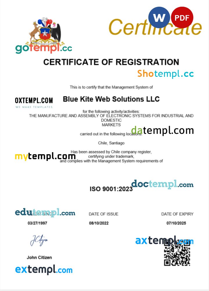 Chile business registration certificate Word and PDF template