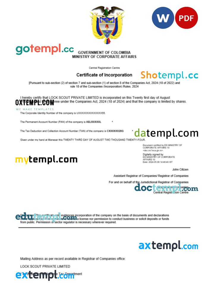 Colombia business registration certificate Word and PDF template