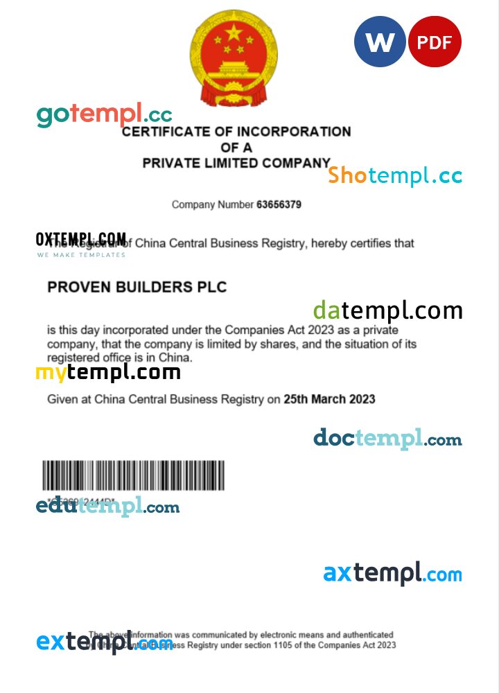 China business registration certificate Word and PDF template