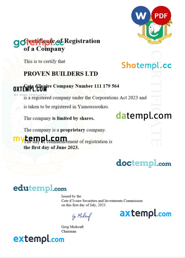 Cote d'Ivoire business registration certificate Word and PDF template