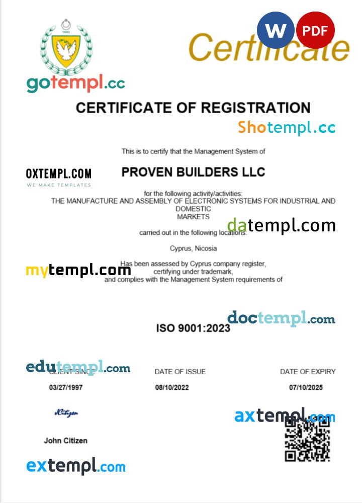 Cyprus business registration certificate Word and PDF template