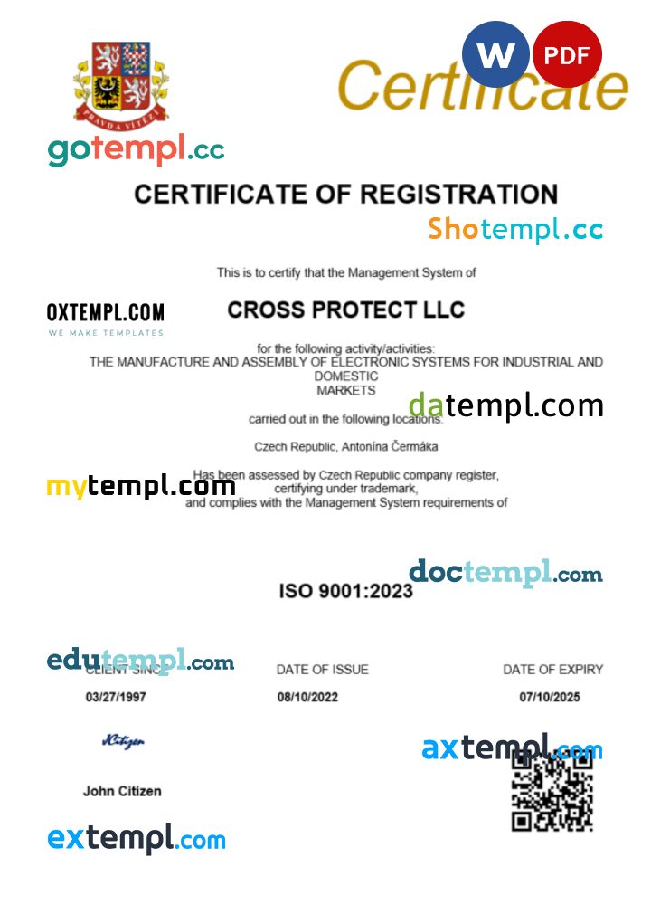 Czech Republic business registration certificate Word and PDF template