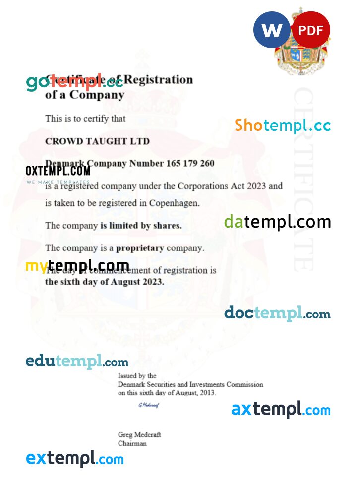 Denmark business registration certificate Word and PDF template