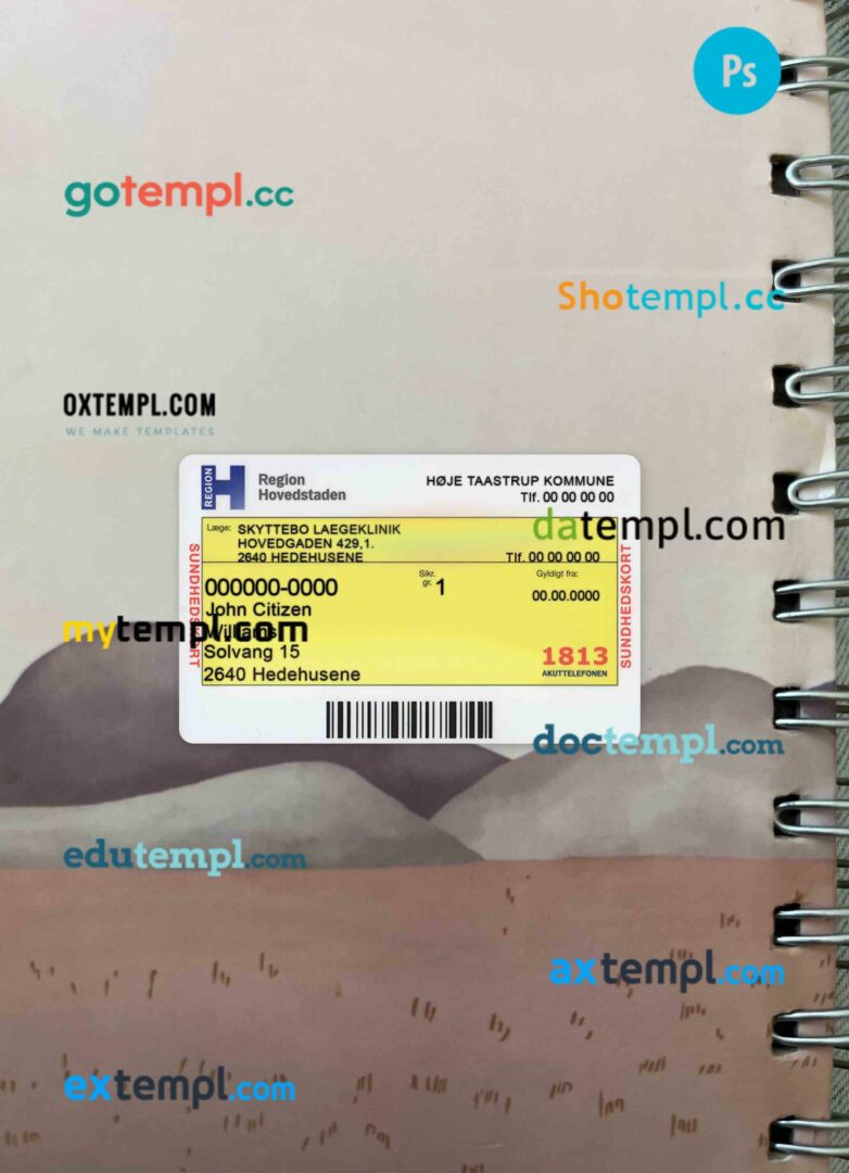 Denmark health insurance card editable PSD files, scan look and photo-realistic look, 2 in 1