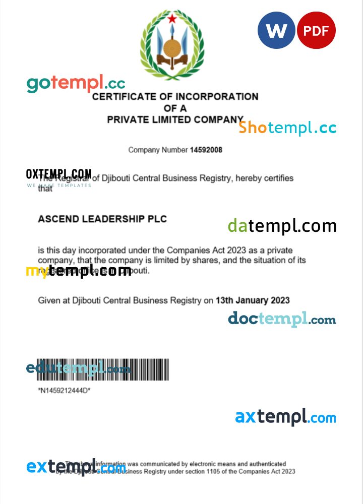 Djibouti business registration certificate Word and PDF template