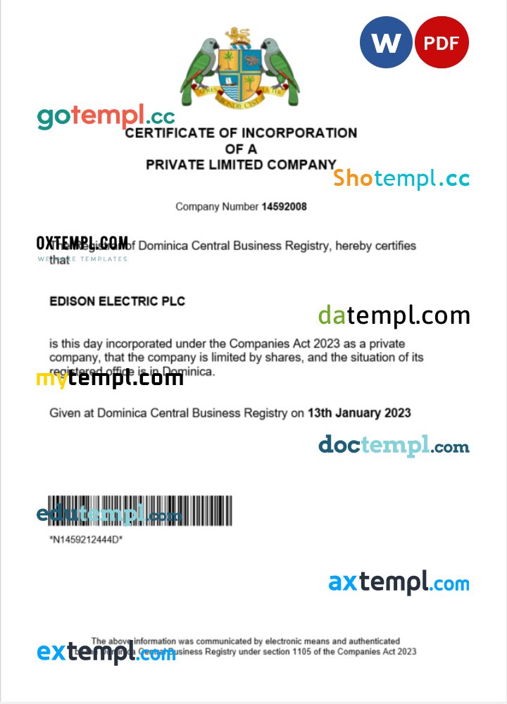 Dominica business registration certificate Word and PDF template