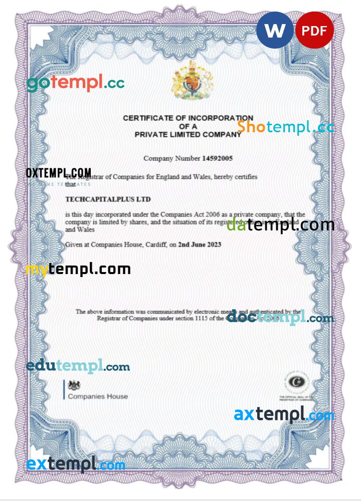 England and Wales certificate of incorporation registration, Word and PDF template version 2