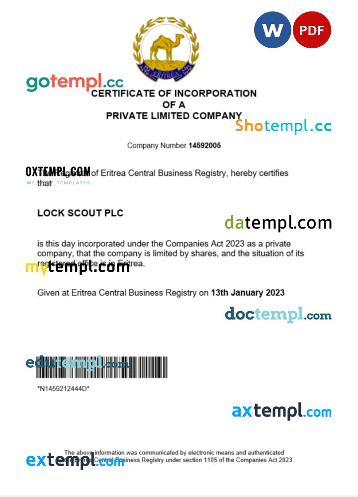 Eritrea business registration certificate Word and PDF template
