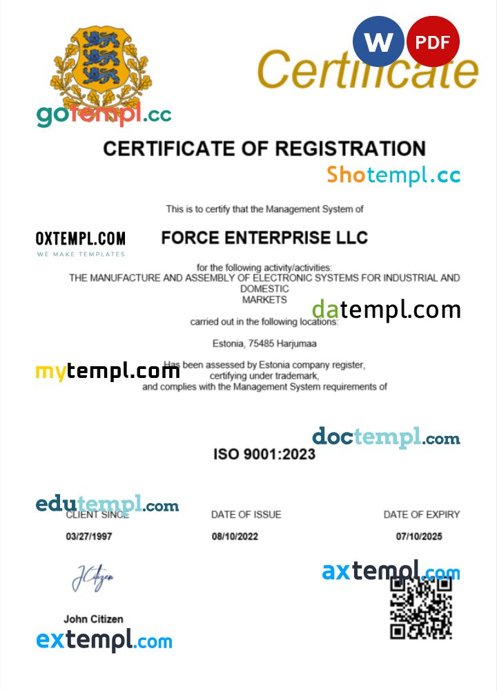 Estonia business registration certificate Word and PDF template
