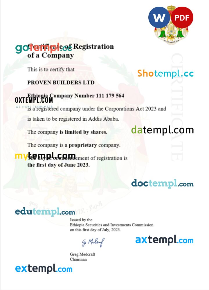 Ethiopia business registration certificate Word and PDF template