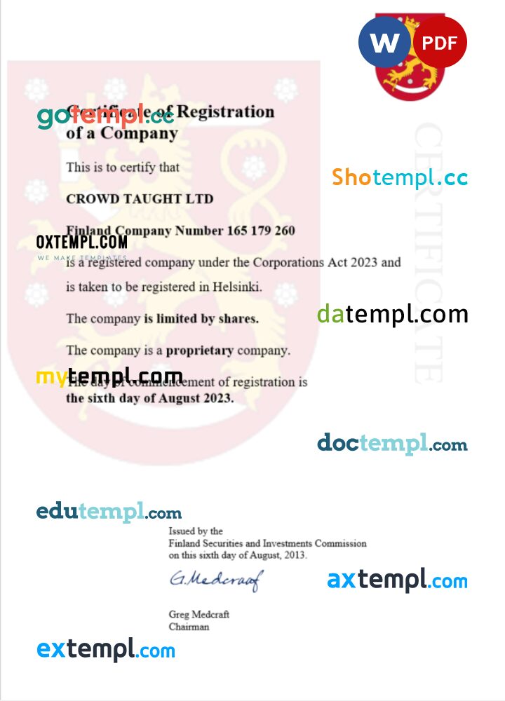 Finland business registration certificate Word and PDF template