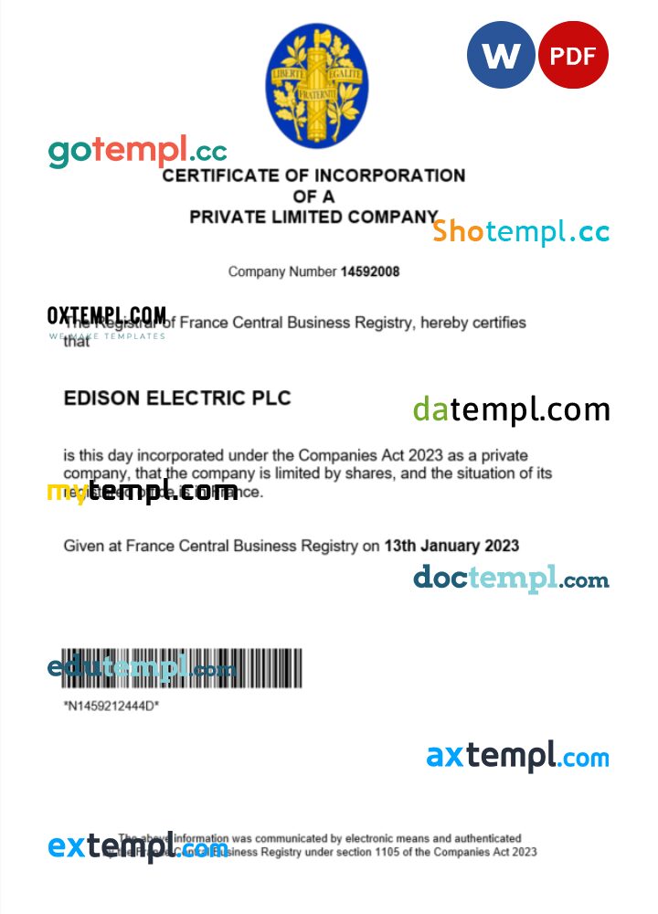 France business registration certificate Word and PDF template