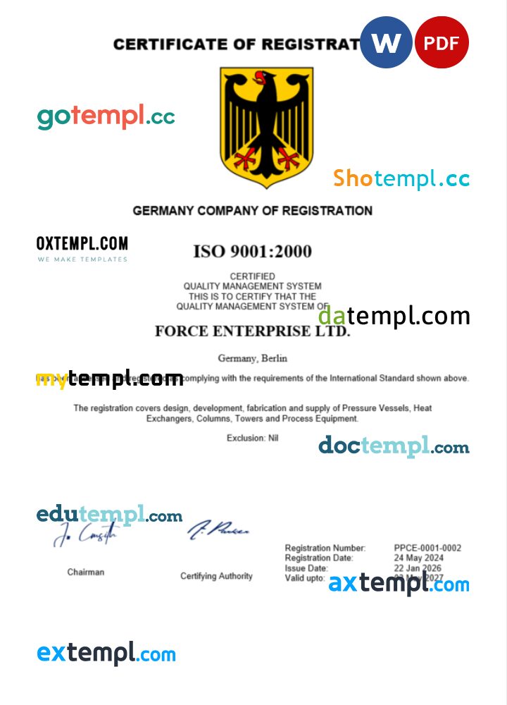 Germany business registration certificate Word and PDF template