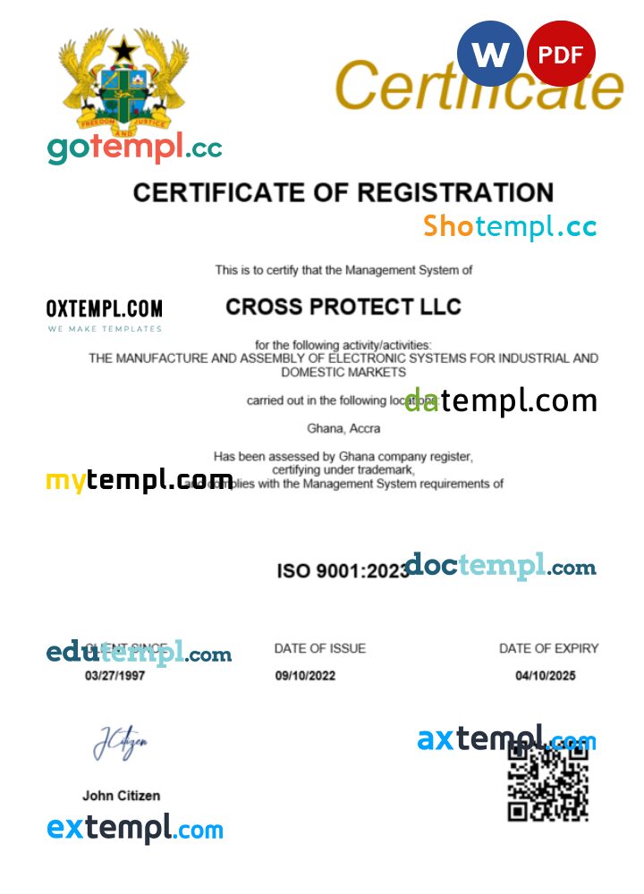 Ghana business registration certificate Word and PDF template