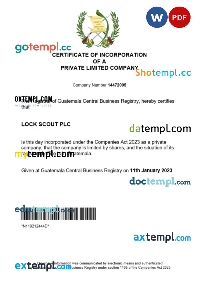 Guatemala business registration certificate Word and PDF template