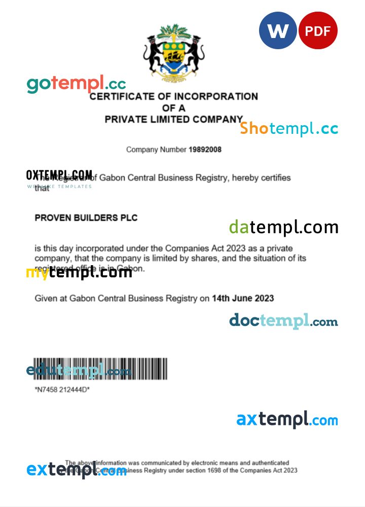 Gabon business registration certificate Word and PDF template