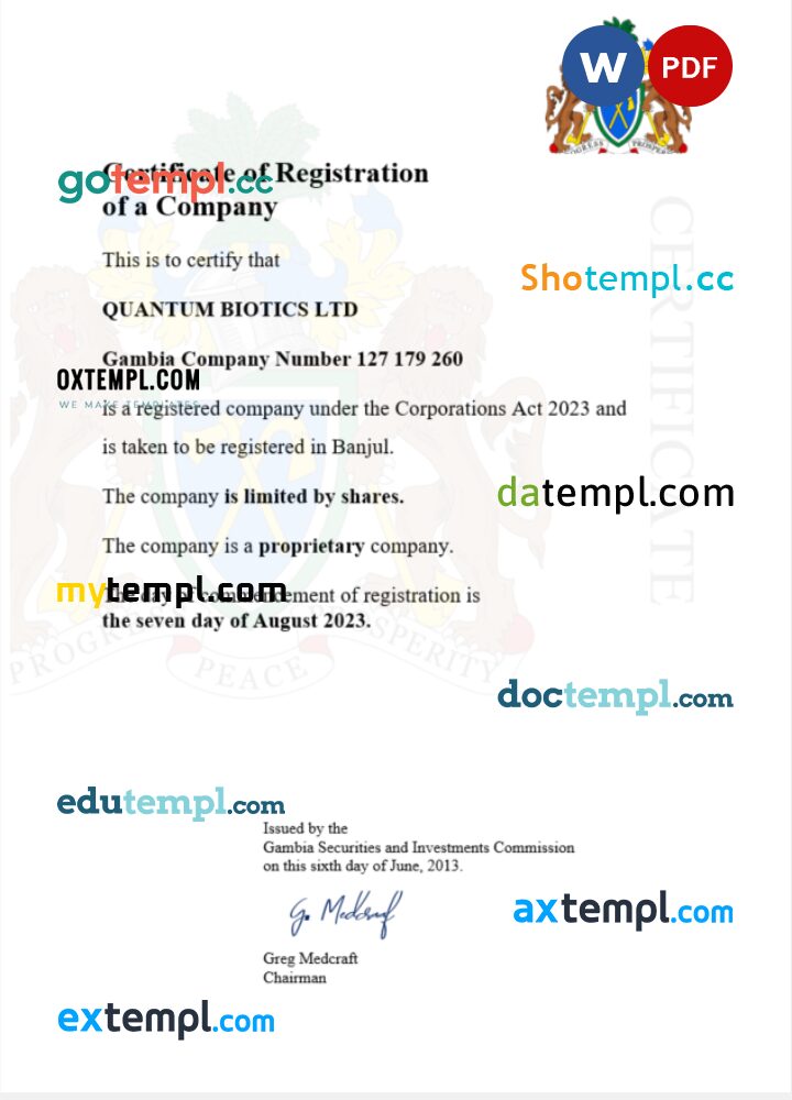 Gambia business registration certificate Word and PDF template