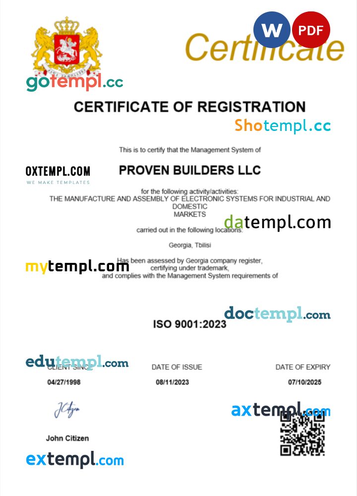 Georgia business registration certificate Word and PDF template