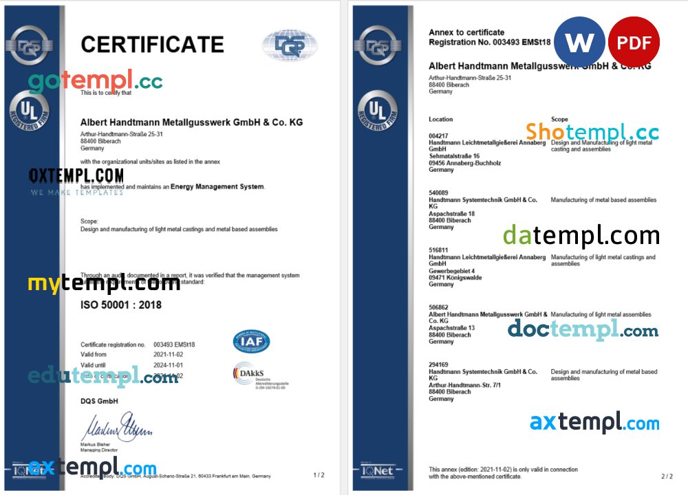 Germany DQS certificate of registration Word and PDF template