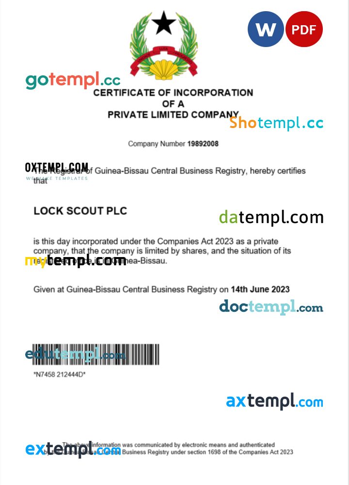 Guinea-Bissau business registration certificate Word and PDF template