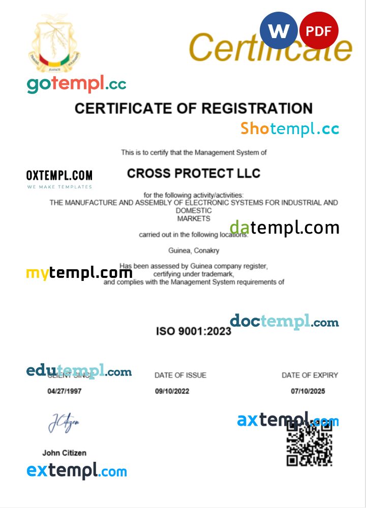 Guinea business registration certificate Word and PDF template
