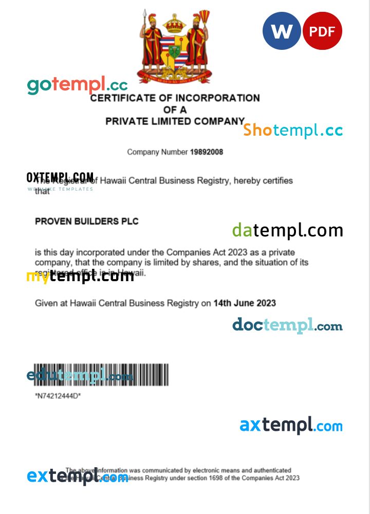 Hawaii business registration certificate Word and PDF template