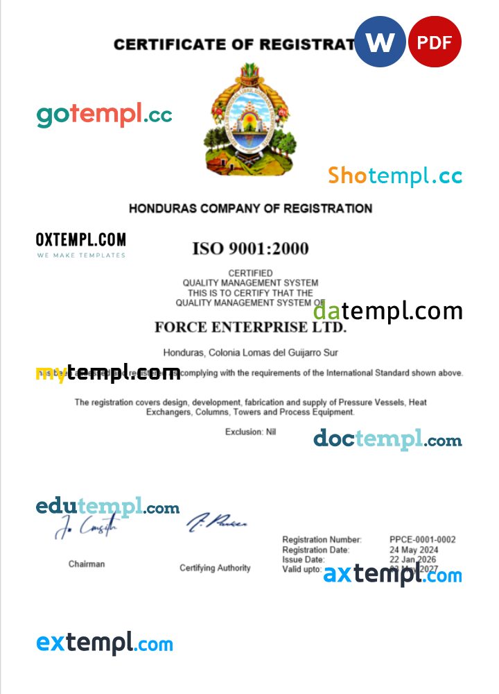 Honduras business registration certificate Word and PDF template