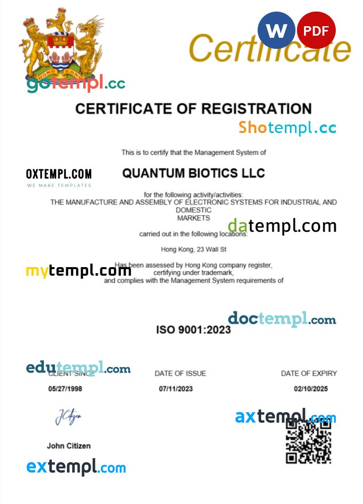 Hong Kong business registration certificate Word and PDF template