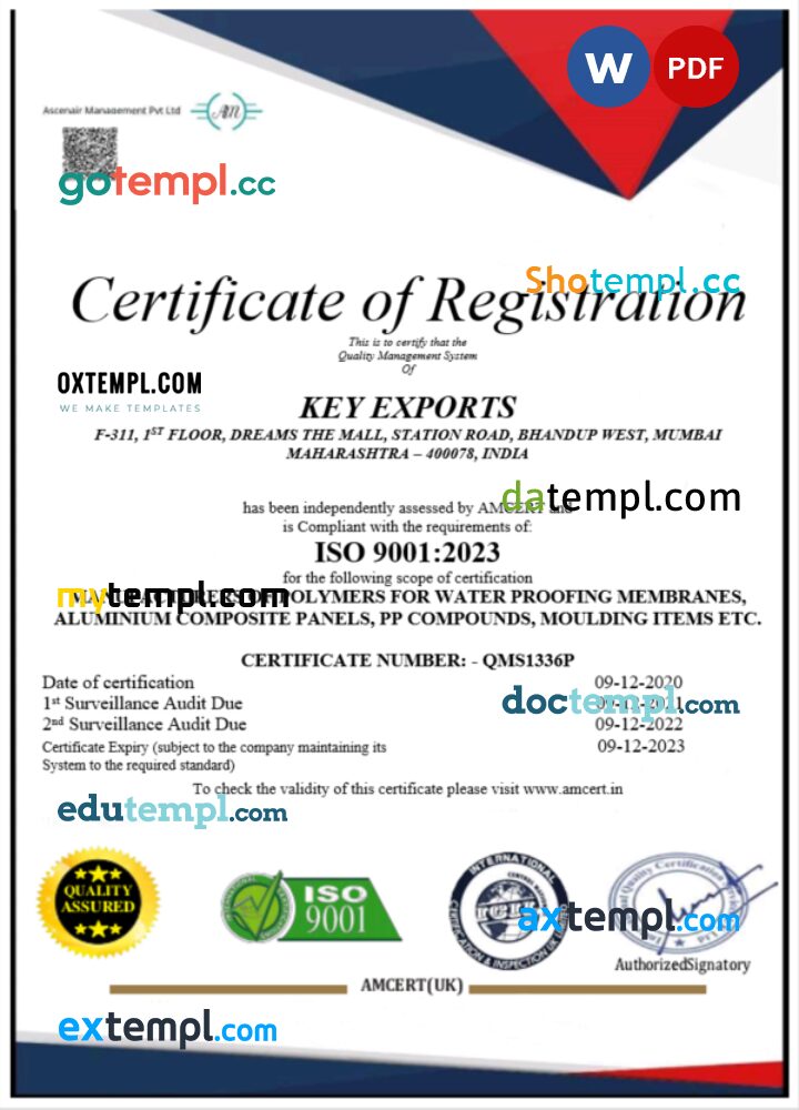 India Key Export certificate of registration Word and PDF template