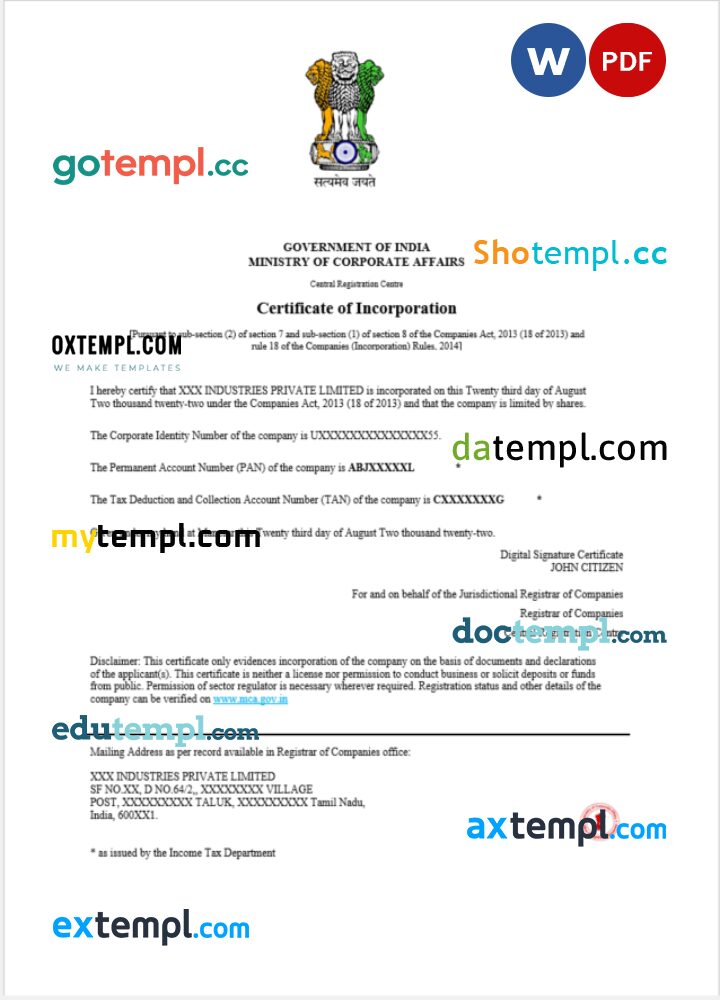 India certificate of incorporation registration Word and PDF template