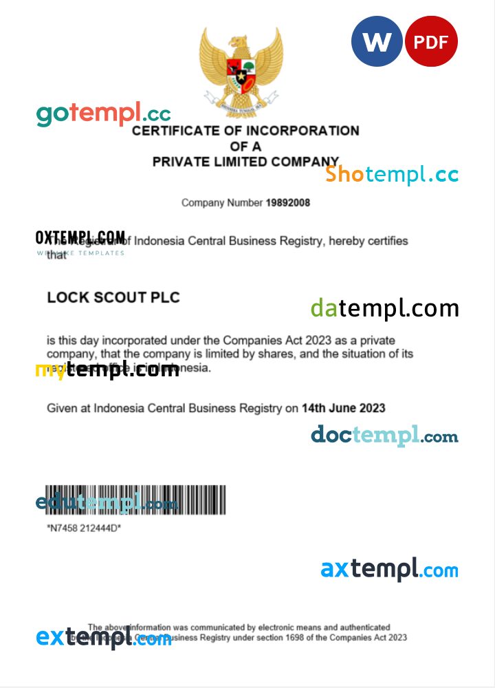 Indonesia business registration certificate Word and PDF template