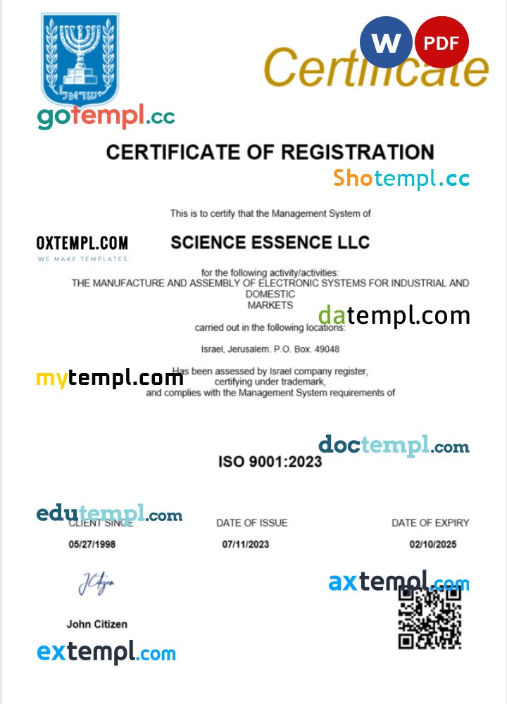 Israel business registration certificate Word and PDF template