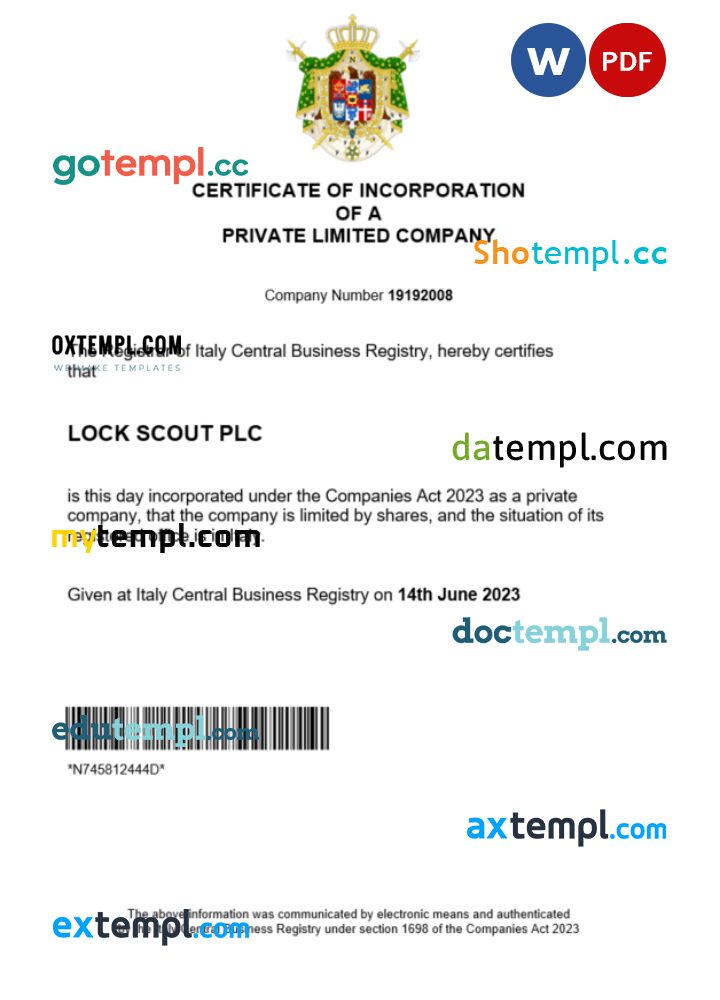 Italy business registration certificate Word and PDF template