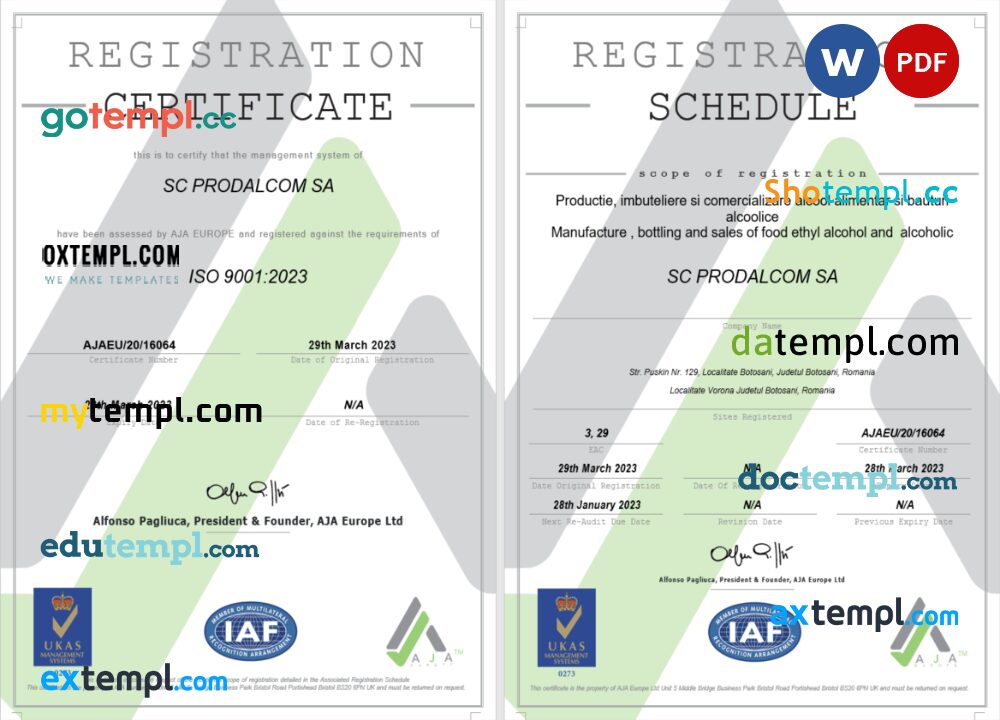 Italy certificate of registration Word and PDF template