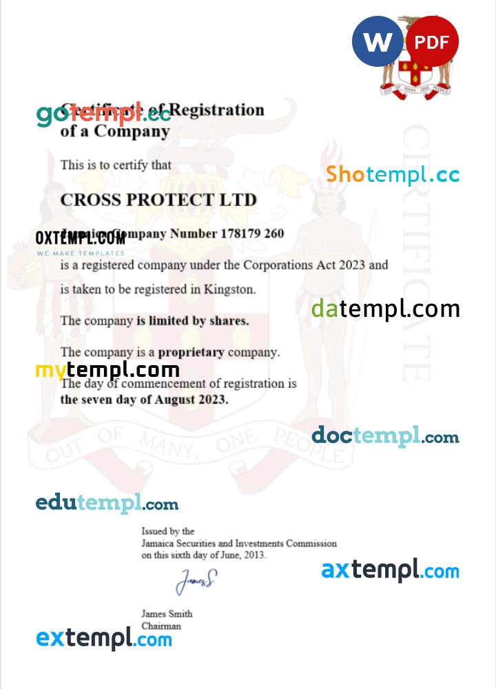 Jamaica business registration certificate Word and PDF template
