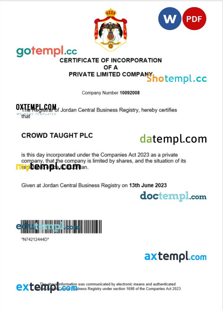 Jordan business registration certificate Word and PDF template