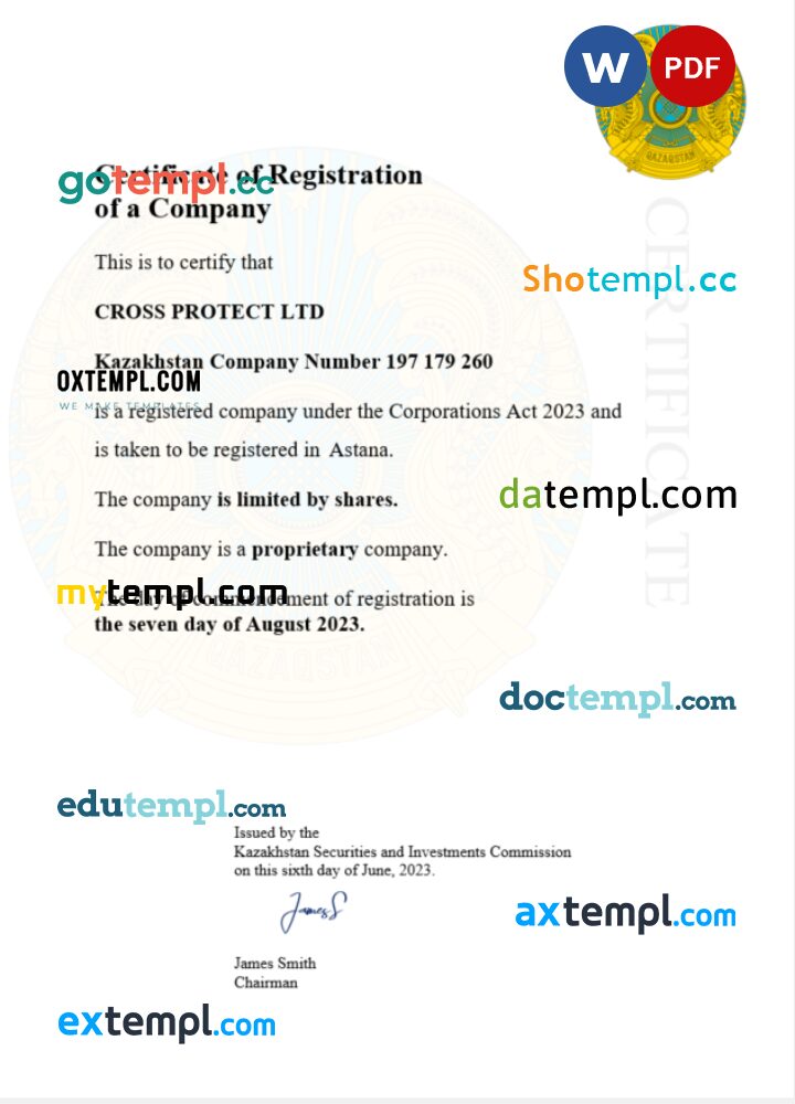 Kazakhstan business registration certificate Word and PDF template