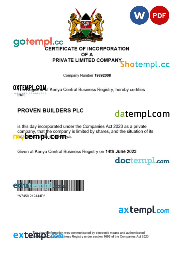 Kenya business registration certificate Word and PDF template