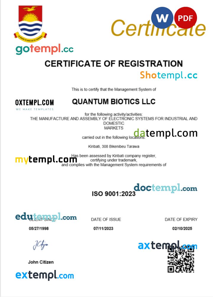 Kiribati business registration certificate Word and PDF template